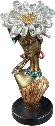 Miniatura 13 de Lescafita Escultura de mujer africana con tocado de flor dorada, figura de resina negra y dorada para decoración del hogar, elegante estatua de dama