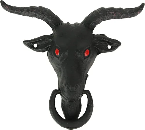 Baphomet Sabbatic de hierro fundido esmaltado negro, cabeza de cabra decorativa, decoración de entrada del hogar, 6.5 pulgadas de alto, adorno