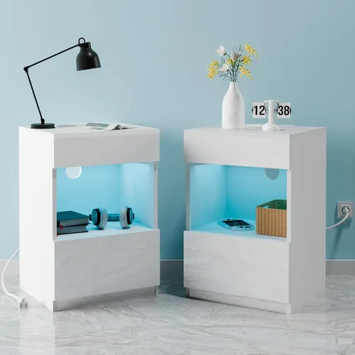 Miniatura 13 de HOMMPA Mesita de noche LED con estante abierto con estación de carga, 2 cajones, mesita de noche negra con almacenamiento, mesitas de noche