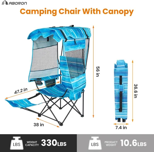 Miniatura 2 de ABORON Silla de camping con toldo, silla de playa plegable con sombra, silla portátil para exteriores con portavasos y bolsa refrigeradora