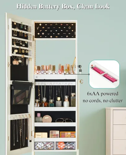 Miniatura 31 de LUXFURNI Armario de joyería con luz LED, espejo de pie, organizador de almacenamiento grande con cerradura y cajones (blanco)