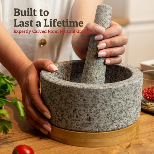 Miniatura 2 de PriorityChef Juego de Mortero y Mano de Mortero Resistente con Base de Bambú, Molinillo de Piedra de Granito 100% Natural, Tazón y Machacador de Gris