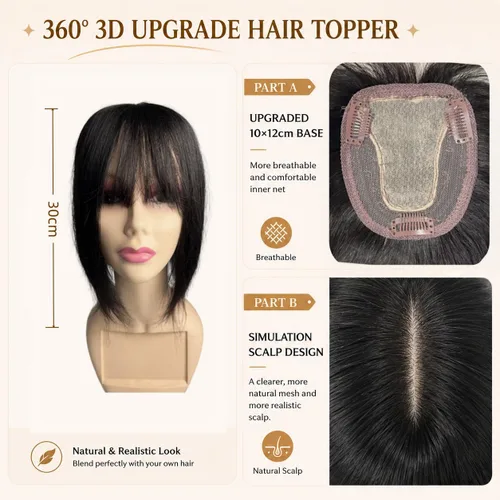 Miniatura 2 de Peluca de cabello humano para mujer con flequillo, peluca con clip para cabello fino + base de cuero cabelludo de poliuretano de alta densidad