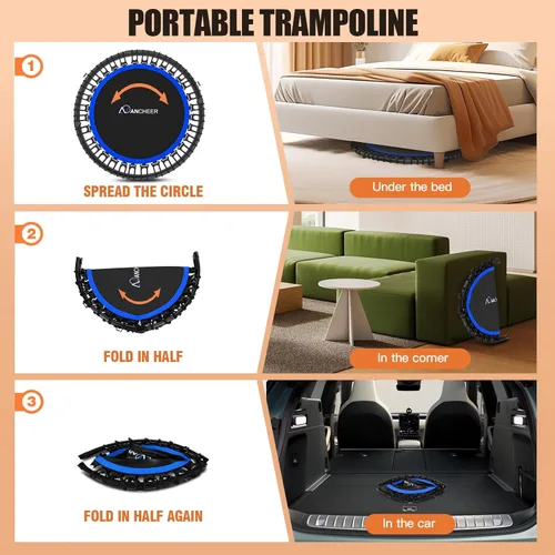 Miniatura 6 de ANCHEER Trampolín Reboteador Plegable de 48" para Adultos/Niños con Bandas de Resistencia y Cuerdas Elásticas, Mini Trampolín Interior y Exterior