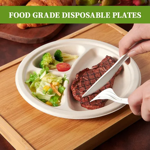 Miniatura 6 de ECOLipak paquete de 125 platos desechables de 3 compartimentos, platos de papel compostables de 10 pulgadas de alta resistencia, hechos de fibras