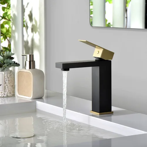 Miniatura 2 de sumerain Grifo de lavabo de baño negro y dorado grifo de baño 304 de acero inoxidable de una sola manija de un solo agujero