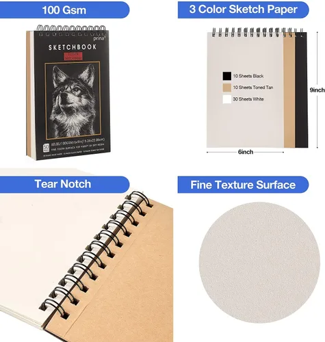 Miniatura 5 de Prina Paquete de 50 kits de dibujo para bocetos, suministros de boceto con cuaderno de bocetos de 3 colores, grafito y carbón, kit de dibujo