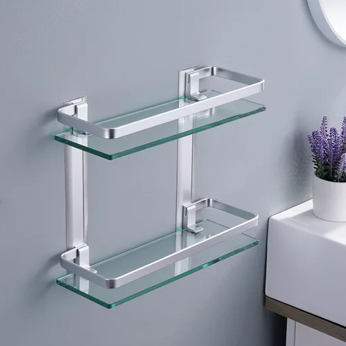 Miniatura 2 de KES Estante de vidrio para baño de 2 niveles, almacenamiento de vidrio templado montado en la pared y aluminio plateado, A4126B