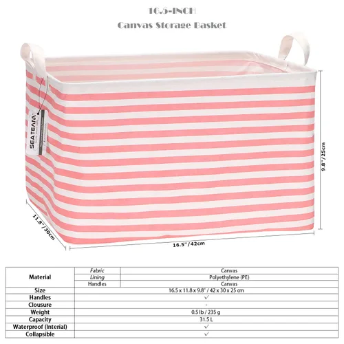 Miniatura 6 de Sea Team - Contenedores cuadrados de tela de lona de 16.5 x 11.8 x 9.8 pulgadas, canastas organizadoras para habitación de niños y bebés Rayas/Rosa
