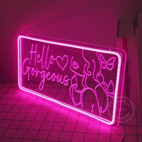 Miniatura 7 de Britrio Letrero de neón Hello Gorgeous para decoración de pared, luz de neón LED rosa, señal de pared de mariposa en forma de corazón