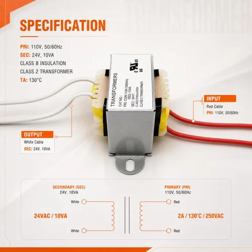 Miniatura 4 de Transformador de 24 V 10 VA, certificado UL (E477055) Transformadores de control reductor de 120 V a 24 V CA, 12% menos de calor para audio