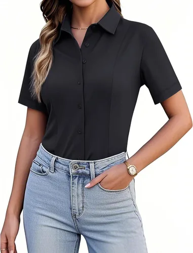 Siliteelon Camisetas de Botón para Mujer, Ajustadas, de Manga Corta, Elásticas, Camisa de Vestir, Sin Arrugas, Sólida, Blusa de Trabajo