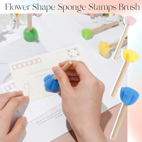Miniatura 7 de 15 piezas de sellos de esponja para niños con mango de madera, mini lindas formas redondas y de flores para pintar, bricolaje, manualidades, álbumes