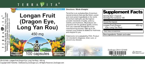 Miniatura 3 de Fruta Longan (Ojo de Dragón, Long Yan Rou) - 450 mg (100 Cápsulas, ZIN: 521849)