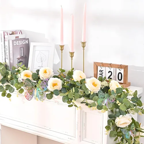 Miniatura 3 de Yastouay 2 guirnaldas de flores de 13.4 pies con mariposa, guirnalda de eucalipto artificial con flores de champán, rosa falsa de camelia