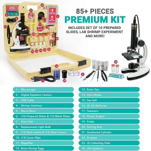 Miniatura 2 de IQCREW - Microscopio prémium de 85 piezas, cámara a color y kit de software interactivo para niños con juego de diapositivas preparadas de 48 piezas