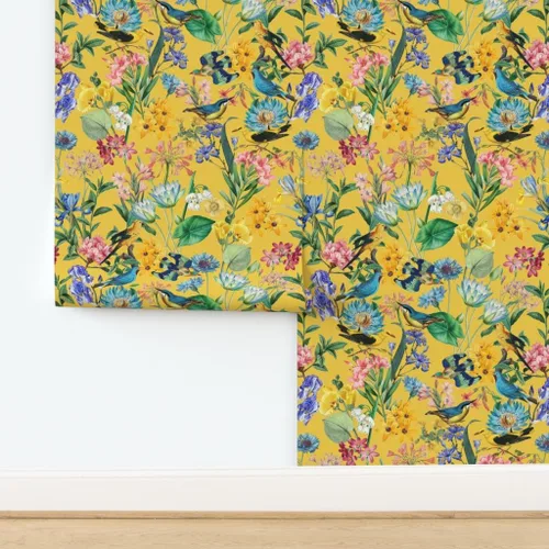 Miniatura 4 de Muestro de papel tapiz extraíble, selva tropical, amarillo, dibujado a mano, botánico, pájaros tropicales, papel pintado prepegado personalizado por