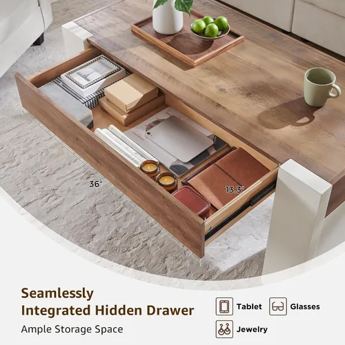 Miniatura 3 de OKD Mesa de café de 48" moderna estilo casa de campo, mesa de madera para sala de estar con cajón de almacenamiento oculto, mesas centrales