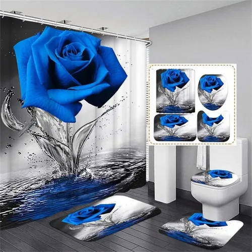 Juego de baño Blue Rose con cortina de ducha y alfombras antideslizantes, tapete de baño, cubierta para tapa de inodoro y 12 ganchos fuertes -
