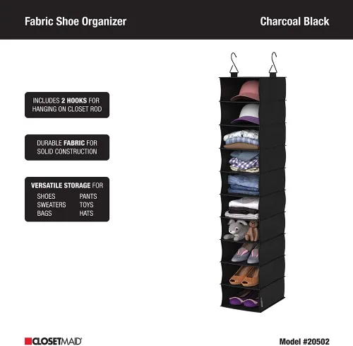 Miniatura 5 de ClosetMaid 20502 Organizador de armario colgante de tela de 10 estantes para zapatos, sombreros, bolsos, ropa con acabado negro carbón