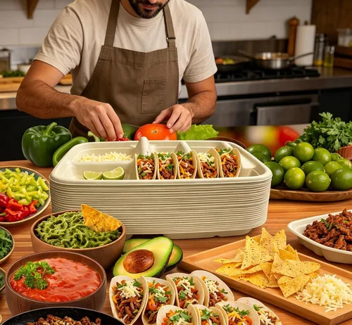 Miniatura 3 de Platos desechables para tacos para 2 tacos y 2 lados, paquete de 25 Platos de papel premium con divisores, soporte para tacos de fiesta, soporte