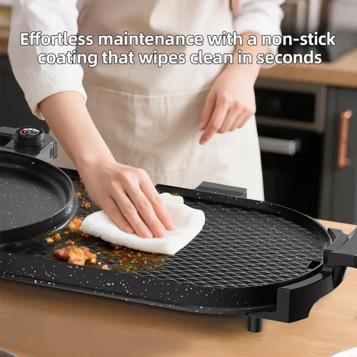Miniatura 6 de AORAN - Combo de parrilla eléctrica y olla caliente para cocina en interiores, parrilla desmontable de doble zona de 2200 W con bandeja dividida