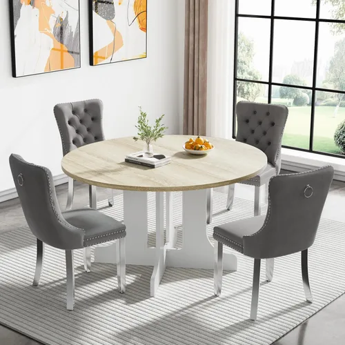 Miniatura 83 de Juego de mesa de comedor de mármol sintético blanco para 6 personas, juego de mesa de comedor extensible de 7 piezas de 63 a 78.74 pulgadas con 6