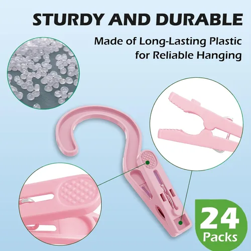 Miniatura 3 de 24 piezas de ganchos de lavandería de plástico, clips para colgar ropa, super resistentes, para baño, viaje, portátiles, rosa