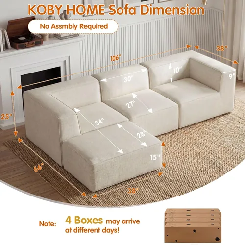 Miniatura 2 de Sofá Seccional Comprimido de 106" Sofás Modulares en Forma de L con Chaise, Espuma de Alta Densidad Sin Ensamblaje Requerido, 4 Piezas