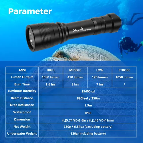 Miniatura 6 de WD43PRO - Linterna de buceo recargable de 1050 lúmenes, linterna impermeable subacuática de 492.1 ft con correa de muñeca, 4 modos de luz