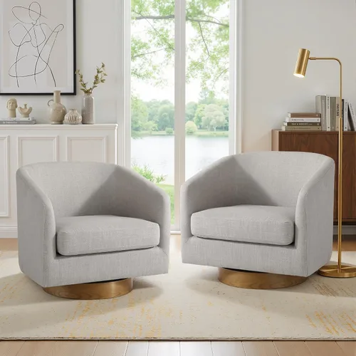 Miniatura 40 de Juego de 2 Sillas Giratorias de Acento, Silla Barril Tapizada en Tela para Sala de Estar, Cómodo Sillón Redondo Sofá Individual Asiento de Lino Beige