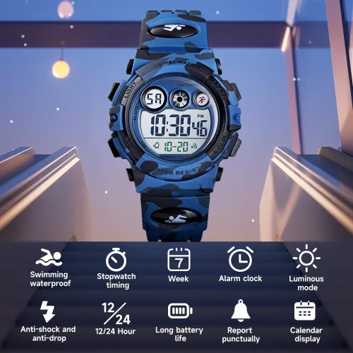 Miniatura 2 de Silike Reloj de pulsera digital para niños con alarma, cronómetro, función de temporizador para niños y niñas (6 a 15 años), color azul militar