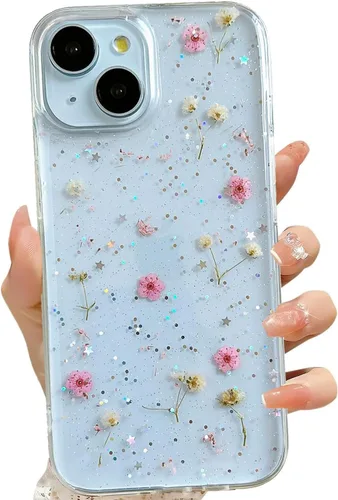 Miniatura 51 de LSEEKA Funda transparente para iPhone 13 Mini/iPhone 12 Mini con diseño de flores reales prensadas, con purpurina, bonito patrón floral blanco, Oro