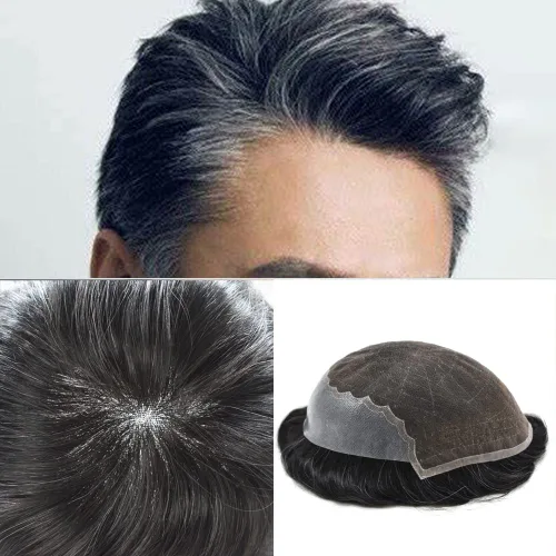 Toupee - Sistemas de reemplazo de cabello para hombre, encaje frontal suizo, nudo blanqueado, pieza de cabello humano natural (1B30# negro con 30%