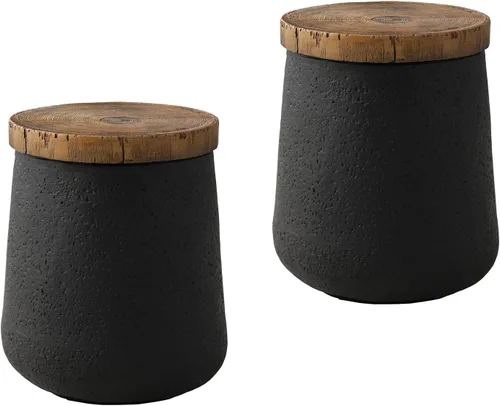 Miniatura 8 de COSIEST Mesa auxiliar de tambor con forma de cilindro de hormigón con parte superior de madera sintética, mesa de acento negra para exteriores