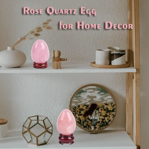Miniatura 6 de AMOYSTONE Huevo de cristal de cuarzo rosa natural grande para curación y práctica de reiki, piedra de decoración del hogar con base, 3-3.5 pulgadas