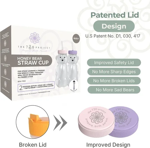 Miniatura 3 de The 730 Project Oso de Miel Taza con Pajita para Bebés, Taza Oso de Miel de 8 oz con Cepillo para Botella, Pack de 2 Tazas de Terapia de Aprendizaje