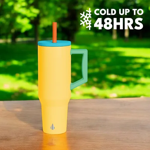Miniatura 4 de Elemental Vaso de 40 onzas con asa y popote - A prueba de derrames, aislado de acero inoxidable para uso diario - Taza de café de viaje con 2