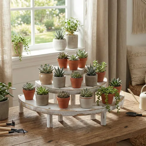 Miniatura 3 de MyGift Soporte elevador de madera de 3 niveles, soporte para cupcakes y organizador de perfumes, estante rústico de exhibición escalonado blanqueado
