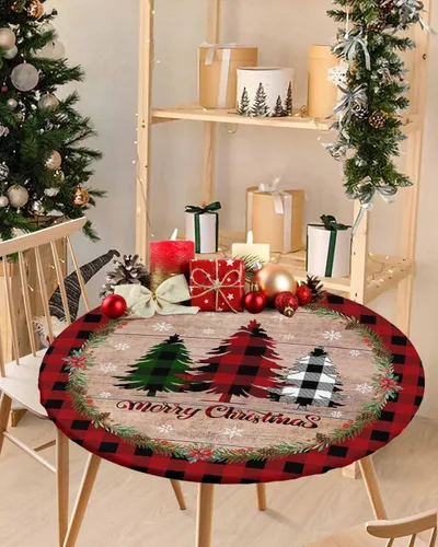 Miniatura 42 de Mantel ajustado redondo de Navidad con Poinsettia, mantel de lino retro de Navidad impermeable para mesa circular, mantel circular elástico de Rojo