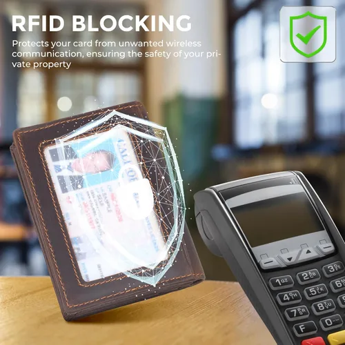 Miniatura 22 de Bolsillo frontal con bloqueo RFID, minimalista, delgado, de cuero, plegable, para tarjeta de crédito, con ventana de identificación