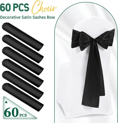 Miniatura 2 de 60 bandas para sillas de satén negro, diseño de lazos con lazos, para decoración de sillas para Acción de Gracias, boda, Navidad, banquetes