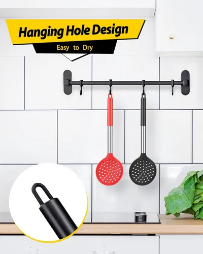 Miniatura 6 de Juego de 2 cucharones de cocina con ranuras grandes y resistentes al calor, sin BPA, antiadherentes, para escurrir y freír (negro y rojo)