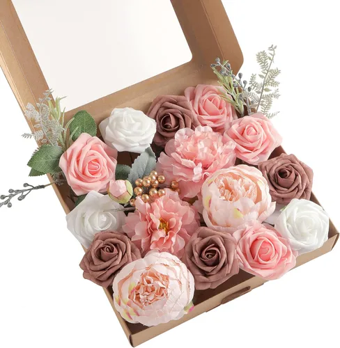 Miniatura 28 de Juego de flores artificiales, flores falsas para bricolaje, centros de mesa para bebé, ramo de novia, ramo de boda, arreglos de flores, velas