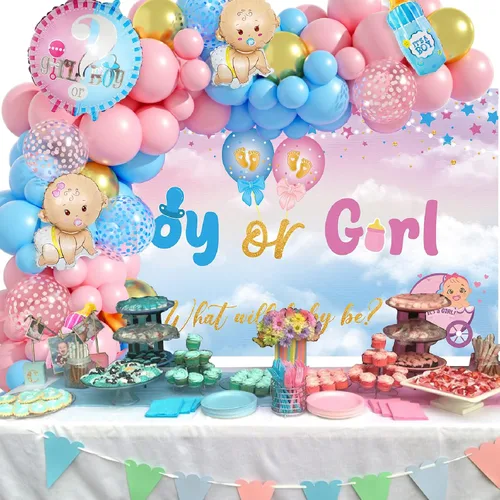 Miniatura 3 de Decoraciones de revelación de género, kit de arco de guirnalda de globos azul pastel y rosa con texto en inglés "What do You Think", globos de papel