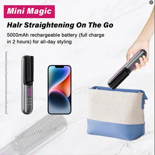 Miniatura 2 de Peine alisador térmico con iones negativos – 3 ajustes de temperatura, peinado rápido y suave para todo tipo de cabello, portátil recargable
