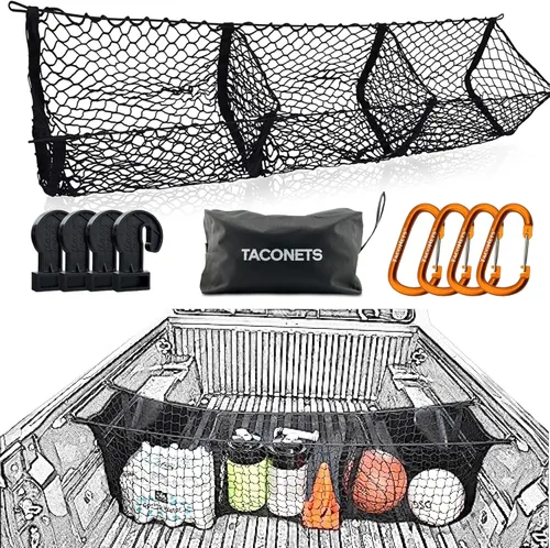TacoNets Red de carga de tres bolsillos para Toyota Tacoma 2005-2024, diseño patentado, organizadores y almacenamiento de caja de camioneta de