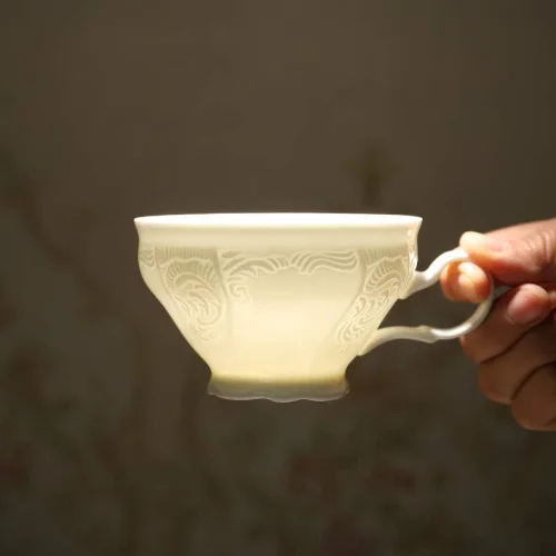 Miniatura 5 de Juego de taza de té y platillo de porcelana fina, superficie de escultura, taza ligera de 7 onzas, juego de cuatro