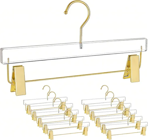 Besser - Perchas acrílicas doradas, paquete de 10 perchas transparentes con gancho dorado, lujosas perchas para faldas y pantalones, clips para