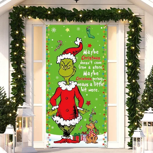Miniatura 2 de Sunwer Cubierta de Puerta Verde de Navidad Whoville Decoración de Fiesta Navideña de Invierno Cartel de Porche Frontal Telón de Fondo Banner